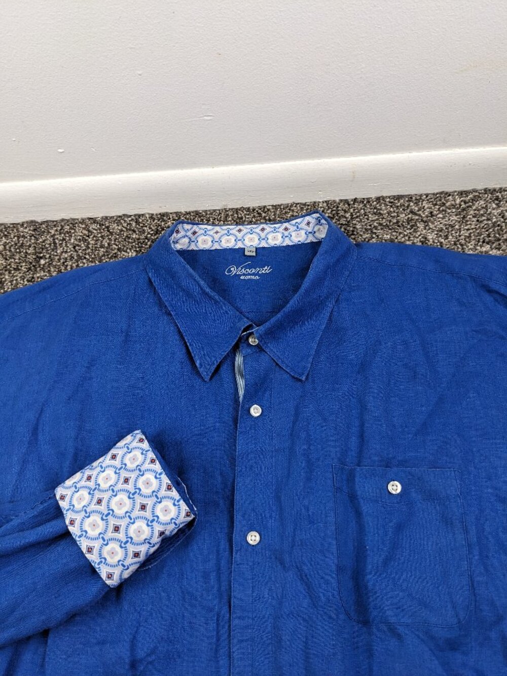 Visconti Uomo Shirt 100% Linen L/S Button Flip Cuff Blue Mens 5XL
